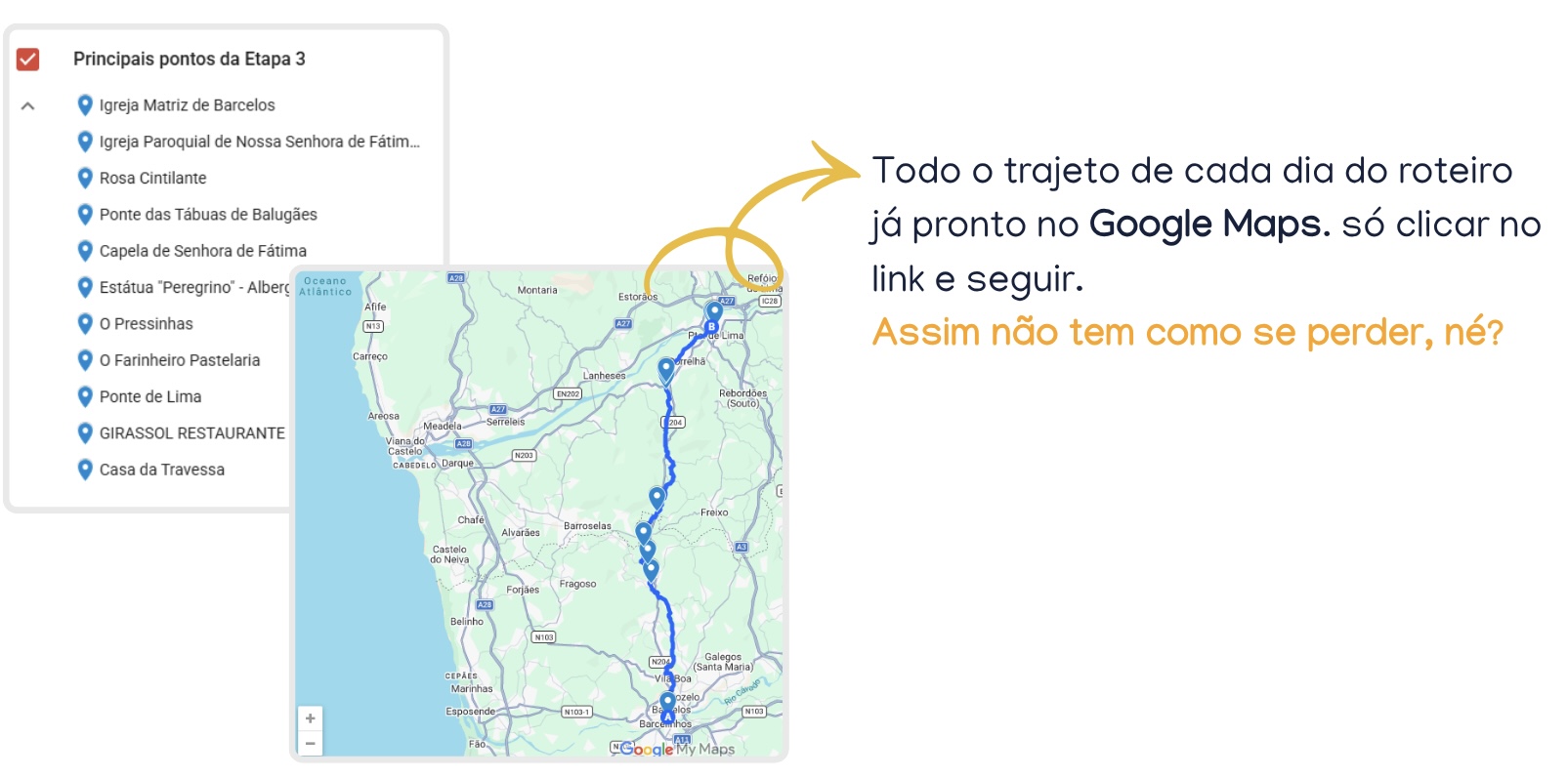Trajeto de cada dia pronto no Google Maps com lista de pontos principais
